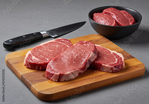 Wallpaper Mural Angled Shot of Raw Beef Cuts on Wooden Cutting Board with Knife – Natural Marbling and Texture Highlight Torontodigital.ca