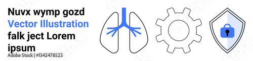 Lungs, gear, and shield with lock highlight medical care, technological progress, and data protection. Ideal for healthcare, engineering, digital security, innovation systems technology flat