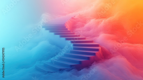 A minimalistic surreal illustration of a twisting spiral staircase each step cycling through the Pride color palette, ascending into mist