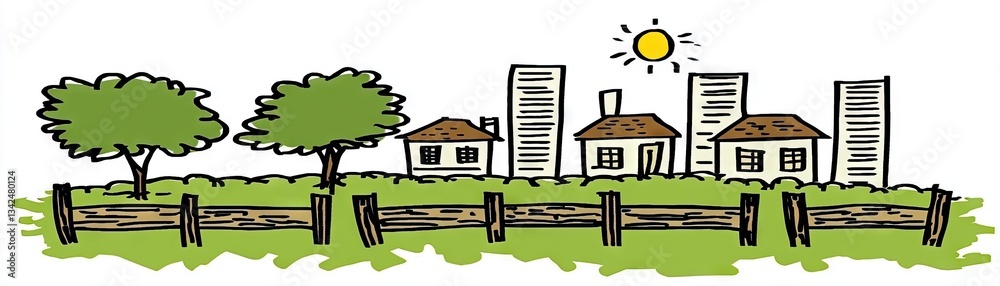 Naklejka premium Rural townscape. Houses, buildings, trees, and sun. Environment illustration for presentations