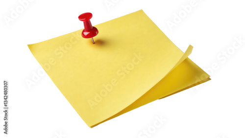 Yellow sticky Post-it note with a red pushpin, perfect for reminders, office organization, and stationery concepts on transparent background PNG.