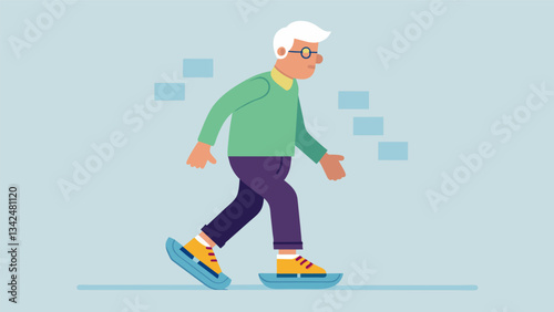 An elderly man wearing a shoe insert that records his gait and balance to prevent falls.. Vector illustration