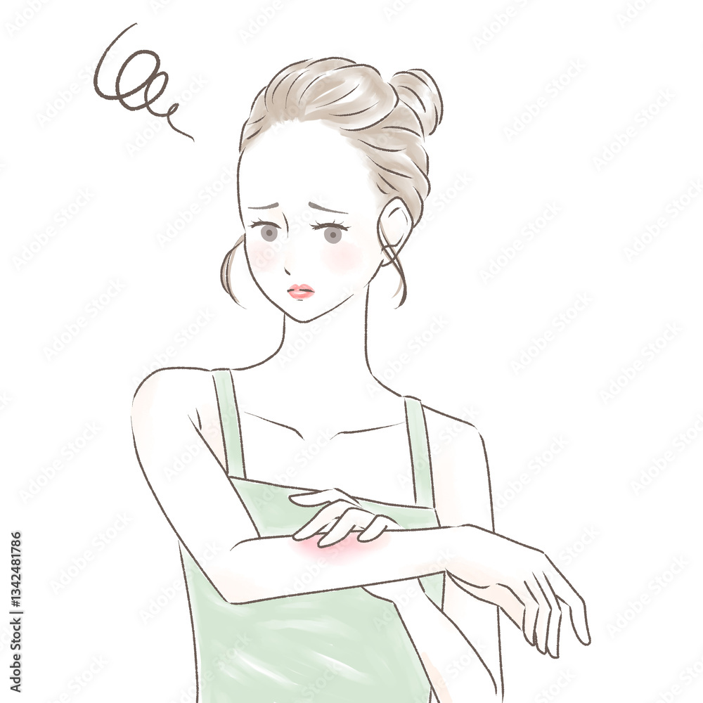 炎症のある腕を触り困った顔をするキャミソールの女性　お団子の髪型