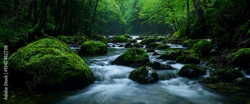 Serene Forest Stream with Mossy Rocks
