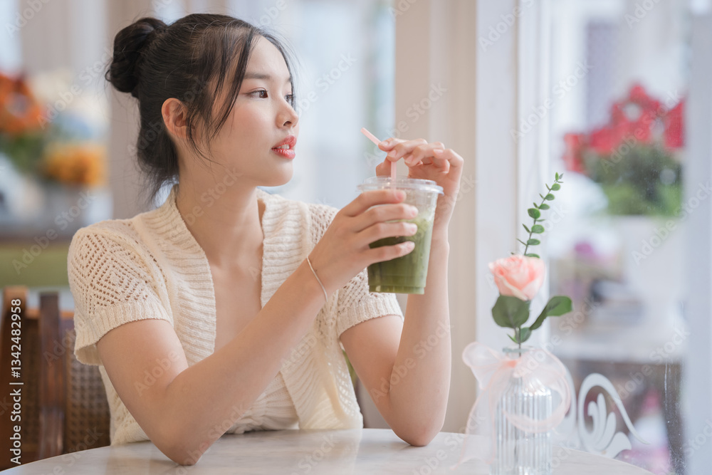 Pretty Asian woman travelers are holding a Matcha latte green tea with cold refreshing drinks, enjoying a peaceful moment of wellness relax, wearing modern Handwoven Fabric and blue jeans. Pretty Asian woman travelers are holding a Matcha latte green tea with cold refreshing drinks, enjoying a peaceful moment of wellness relax, wearing modern Handwoven Fabric and blue jeans.