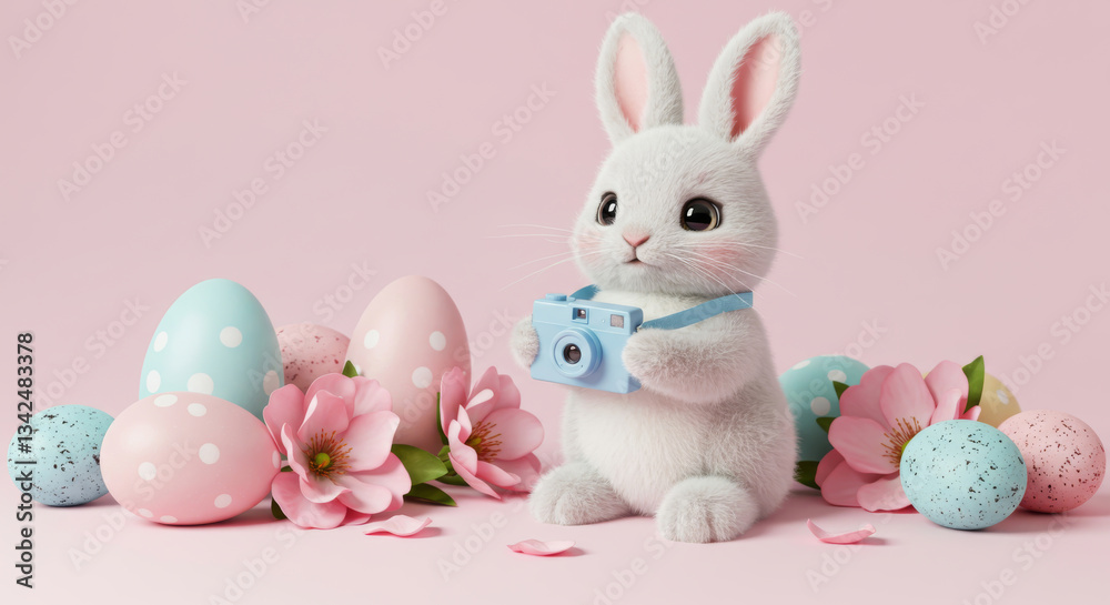 Fototapeta premium A cute bunny photographer poses with decorated easter eggs