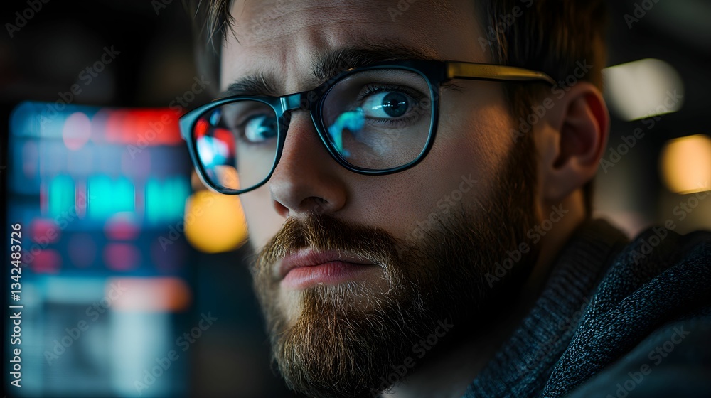 Young stock trader with glasses analyzing financial data on computer screen in modern office Young stock trader with glasses analyzing financial data on computer screen in modern office