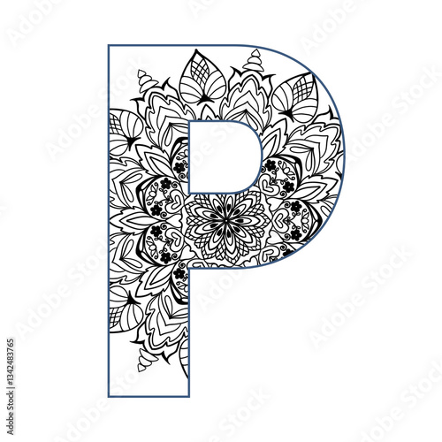 Mandala alphabet letter coloring book for adults vector illustration.