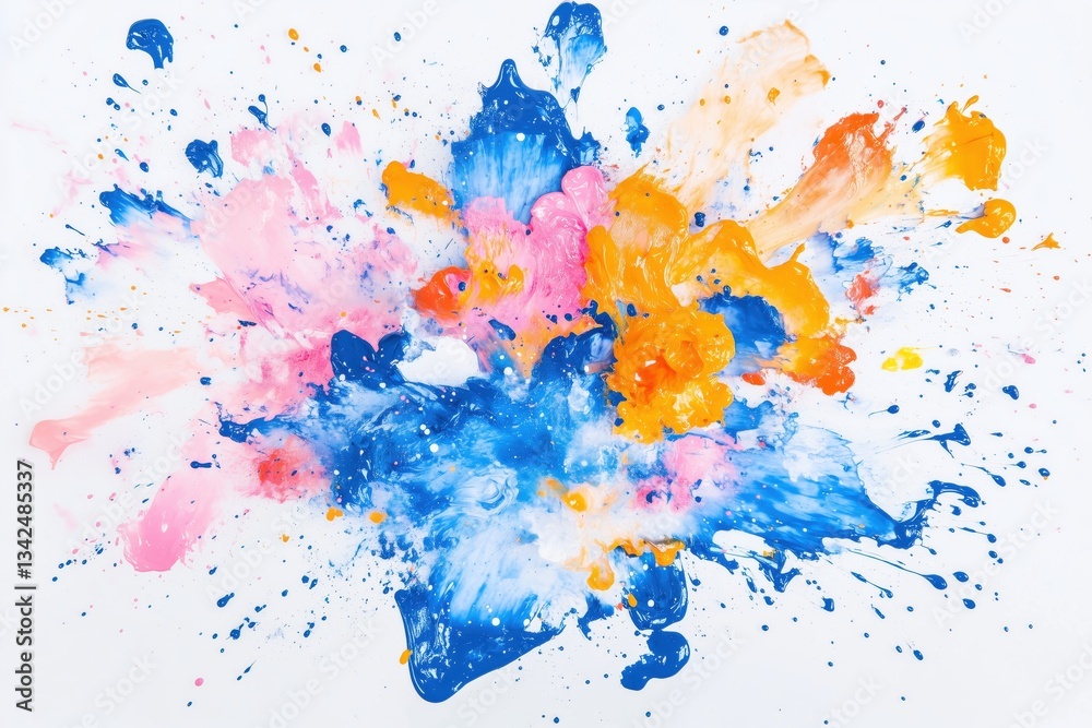 Fototapeta premium Explosão vibrante de tinta colorida com tons de azul, rosa, laranja e amarelo, capturada em movimento dinâmico, criada com IA generativa para um efeito visual impressionante