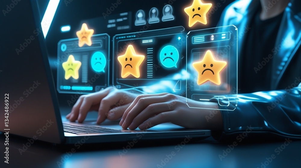 Fototapeta premium A futuristic laptop scene features holographic review icons, glowing star ratings, and interactive digital elements, emphasizing online reputation, customer experience, and digital feedback systems.