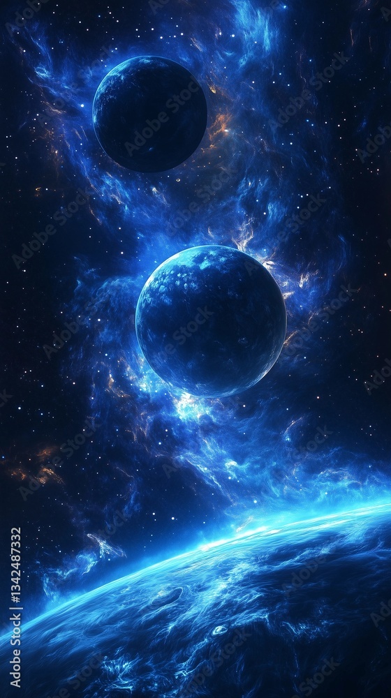 Obraz premium Vibrant blue planet and moon in a dark cosmic environment with swirling clouds of gas and stars in the background