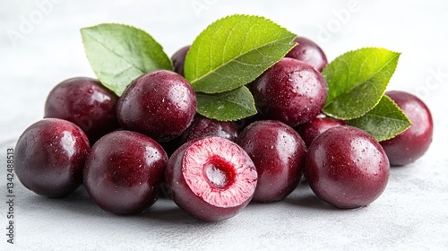 Wallpaper Mural Fresh, plump, dark red cherries with leaves.  A healthy, delicious fruit Torontodigital.ca