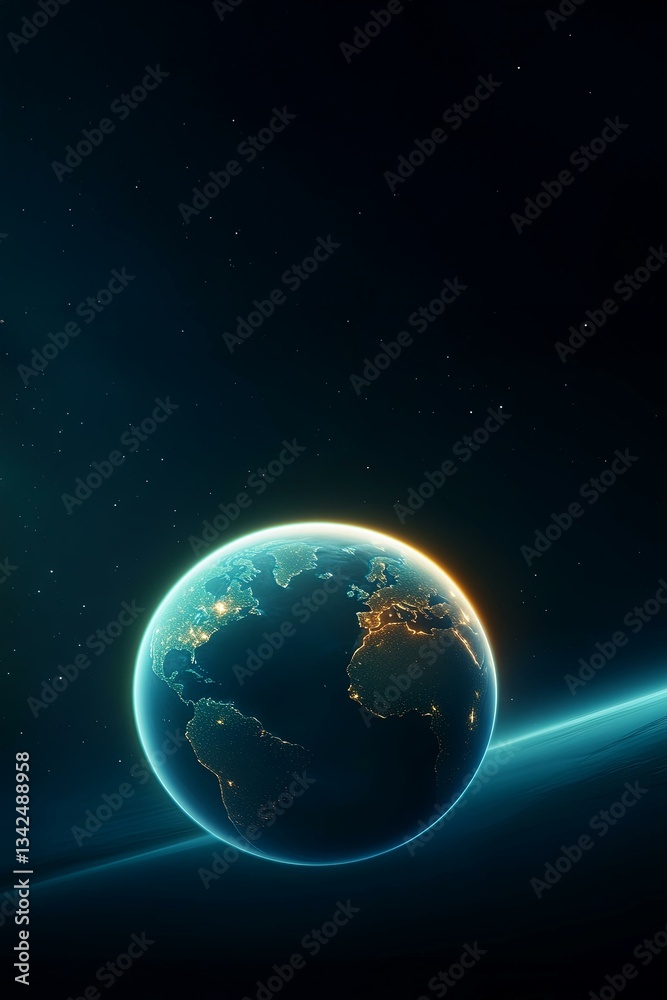 Fototapeta premium Earth Day glow: illuminated planet with stars and space, perfect for environmental themes and text copy space