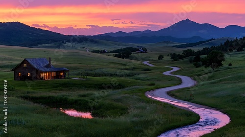 Serene Sunset Landscape with Cabin and River