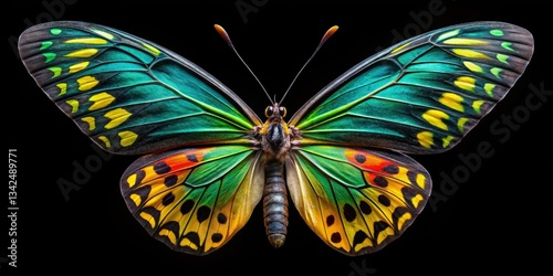 Golden Birdwing butterfly (Ornithoptera croesus), a vibrant macro study in the night, isolated on black.