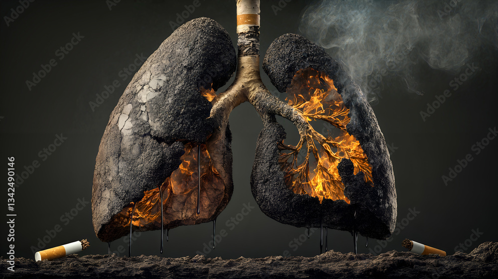 Burning lungs illustration depicting smoking hazards and health risks with cigarettes and fire