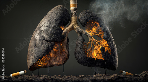 Obraz na płótnie Burning lungs illustration depicting smoking hazards and health risks with cigarettes and fire w salonie
