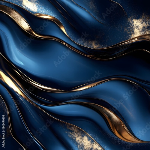 Abstract Dark Blue Liquid with Gold Accents and Glitter