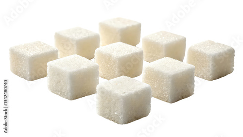 Close-up of neatly arranged white sugar cubes, perfect for illustrating sweetness, ingredients, and food-related designs on transparent background PNG