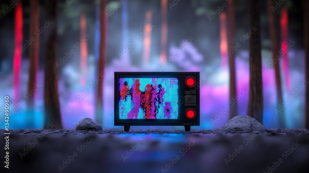 Fototapeta premium Retro TV Screen Pixel Art Forest Neon Lights Digital Art
