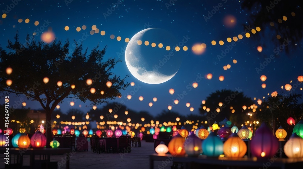 Fototapeta premium Magical Ramadan Night with Lanterns and Crescent Moon