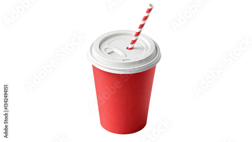 Red paper cup with white plastic lid and striped straw, perfect for takeaway coffee, soft drinks, and fast food branding on transparent background PNG