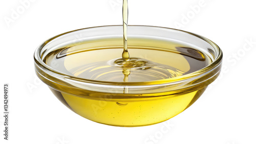 Pure golden oil in a transparent glass bowl, showcasing its rich texture and glossy surface, perfect for culinary and skincare presentations on transparent background PNG