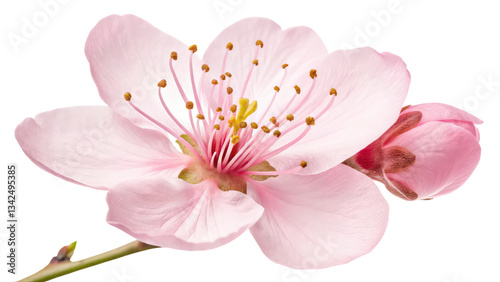 Single pink sakura flower with gentle curves and intricate petal details, ideal for floral designs, botanical illustrations, and seasonal themes on transparent background PNG.
