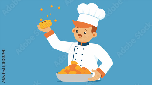 The chef sprinkles a handful of crunchy pork cracklings on top of the mofongo giving it a perfect balance of textures.. Vector illustration