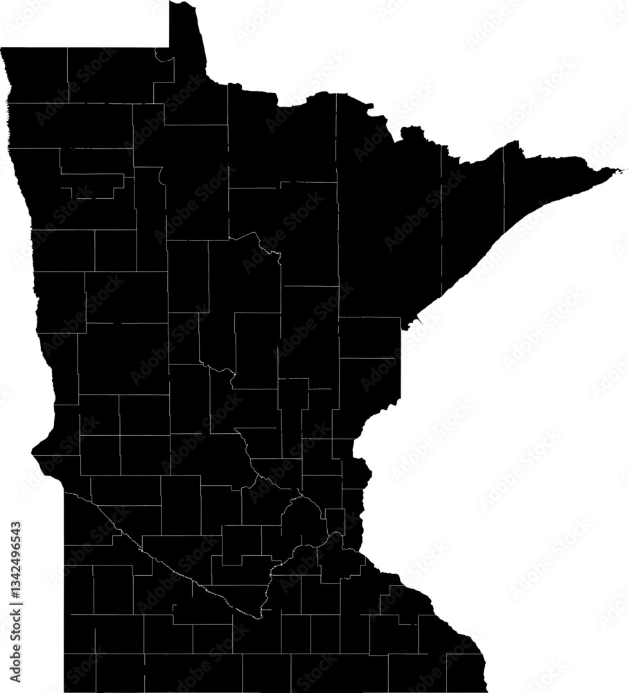 Fototapeta premium A black and white outline map of Minnesota highlighting county borders and regional divisions.