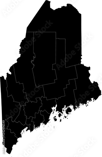 A black and white outline map of Maine showing all county divisions and boundary lines.