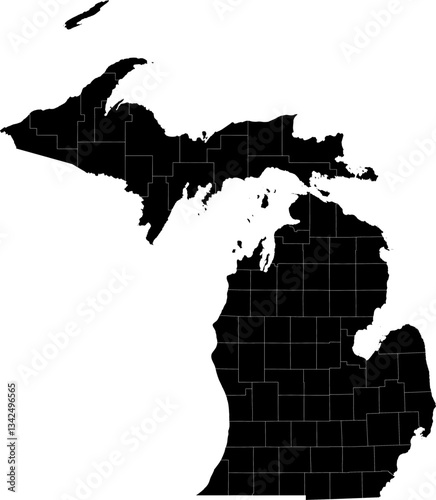 A black and white outline map of Michigan highlighting county borders and regional divisions.