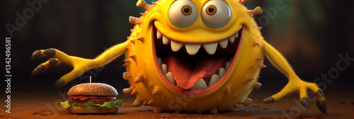 Banner with Funny yellow cartoon monster excitedly smiling next to a delicious burger. Colorful food mascot on a dark blurred background.