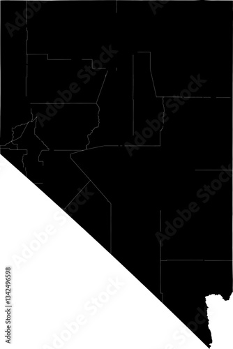 A black and white outline map of Nevada showing county boundaries and state regions.