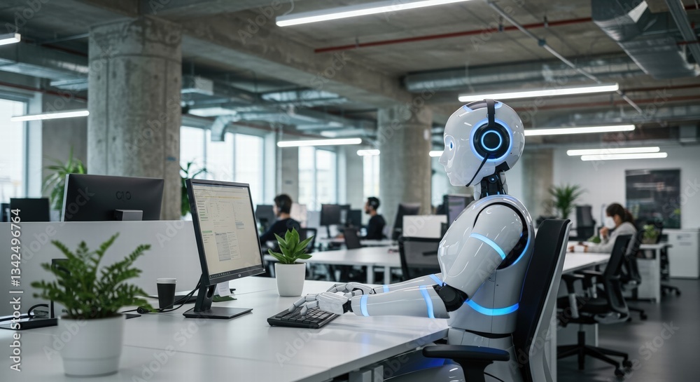 Fototapeta premium Artificial intelligence Android robot. Industry, business, service, support.