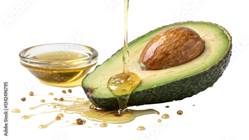 Fresh avocado fruit with golden oil dripping smoothly, highlighting its rich and nutritious texture. Perfect for health food concepts, skincare themes, and natural ingredient designs on transparent ba