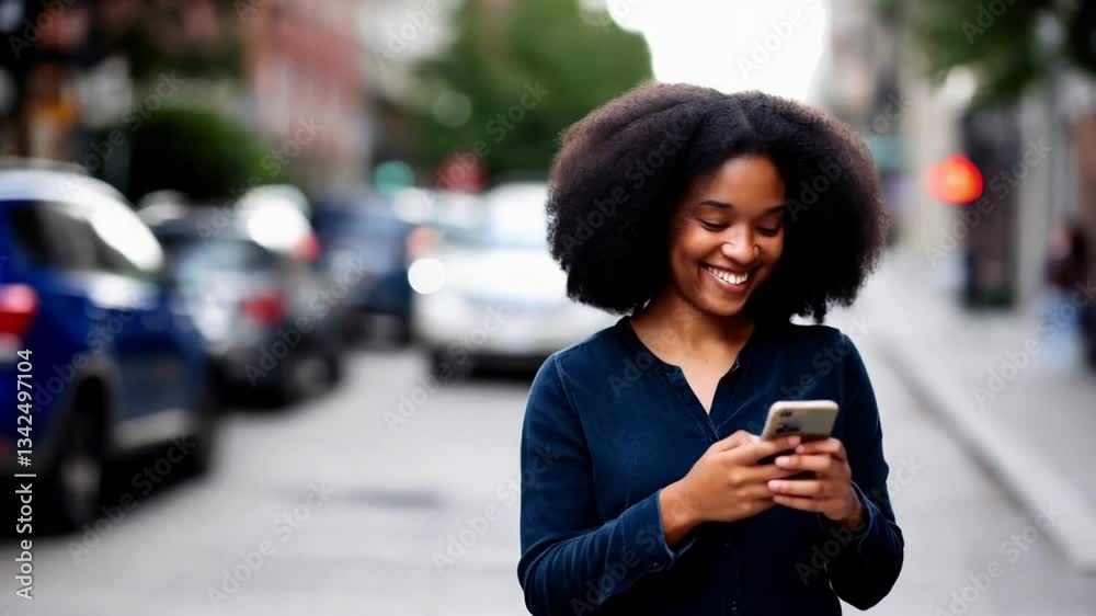 Young black african woman walking on the street, smiling while using her mobile phone, looking at the screen and typing with a joyful expression Young black african woman walking on the street, smiling while using her mobile phone, looking at the screen and typing with a joyful expression