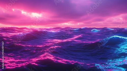 Pink and Blue Pixelated Ocean Sunset Digital Synthwave Art