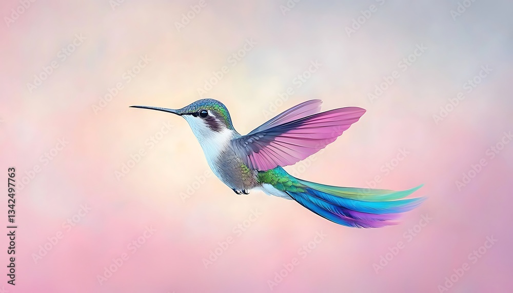 Fototapeta premium Hummingbird in Flight for Pastel Background.