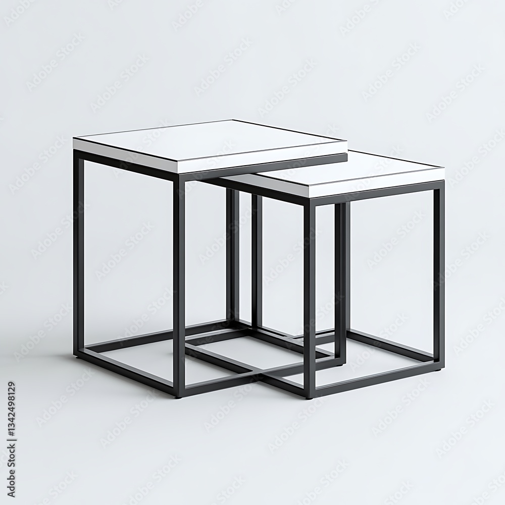 3 white cube tables with black frames, in a perspective view at a 45-degree angle, against a white background, 3 white cube tables with black frames, in a perspective view at a 45-degree angle, against a white background,