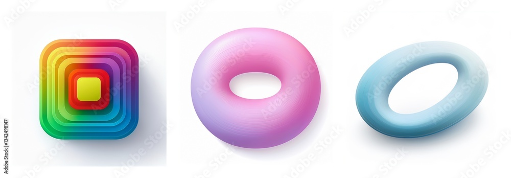 Three dimensional shapes, including stacked colorful squares and two torus figures in pink and blue hues, are displayed against a white backdrop.