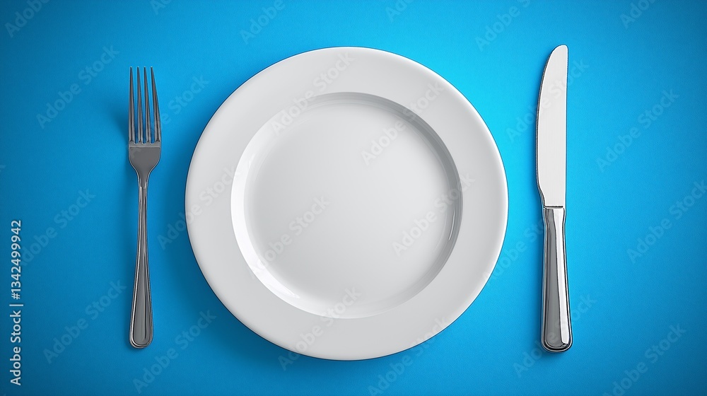 Elegant Dining Table Setting: Minimalist Design with White Plate and Silverware on Blue Background Elegant Dining Table Setting: Minimalist Design with White Plate and Silverware on Blue Background