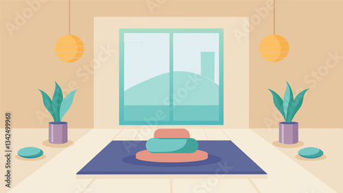 A minimaliststyle meditation room with soft natural light and comfortable floor cushions perfect for quiet contemplation and deep relaxation.. Vector illustration