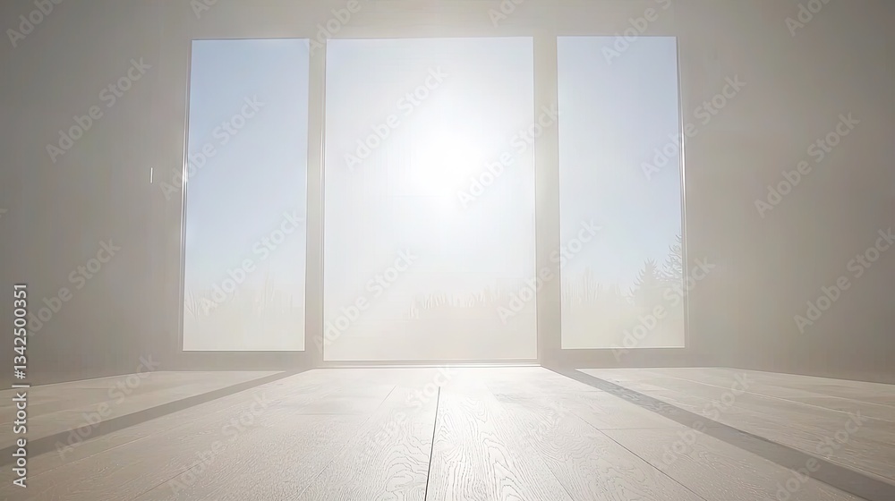 Fototapeta premium Empty room with large windows and hazy view