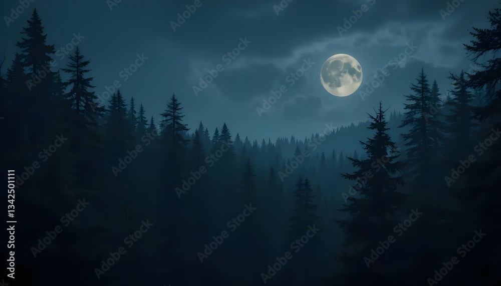 Naklejka premium A mystical full moon casts its ethereal glow upon a serene, shadowy forest under a twilight sky.