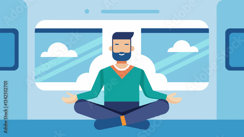 A man on the train practices body scan meditation starting from his toes and working up to his head noticing any areas of tension and releasing it with each breath.. Vector illustration