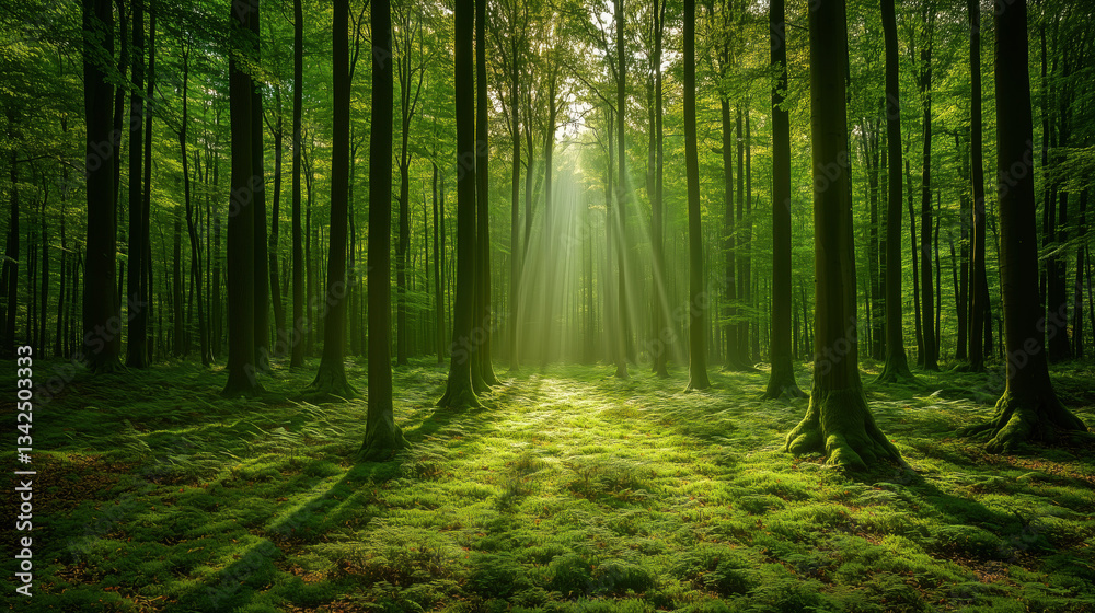 Fototapeta premium Lush Green Forest with Tall Trees, Sunlight Filtering Through Leaves, and Grass-Covered Soil Creating a Serene Natural Landscape