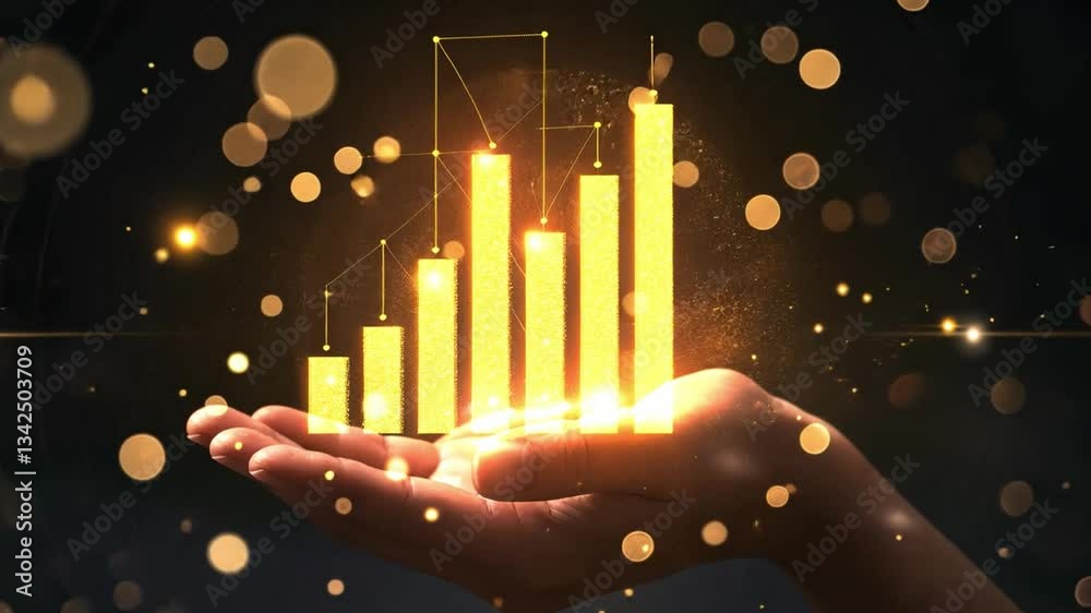 Glowing Bar Graph in Open Hand Symbolizing Business Growth, Success, and Innovation on Dark Background with Golden Light and Bokeh Effect for Achievement and Prosperity Glowing Bar Graph in Open Hand Symbolizing Business Growth, Success, and Innovation on Dark Background with Golden Light and Bokeh Effect for Achievement and Prosperity