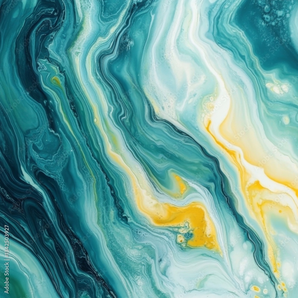 Vibrant teal and yellow fluid art with swirling patterns Vibrant teal and yellow fluid art with swirling patterns