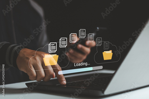 Transfer file business data backup system with internet cloud computing storage AI technology concept. Hand using laptop computer waiting to download document process with loading on virtual screen.